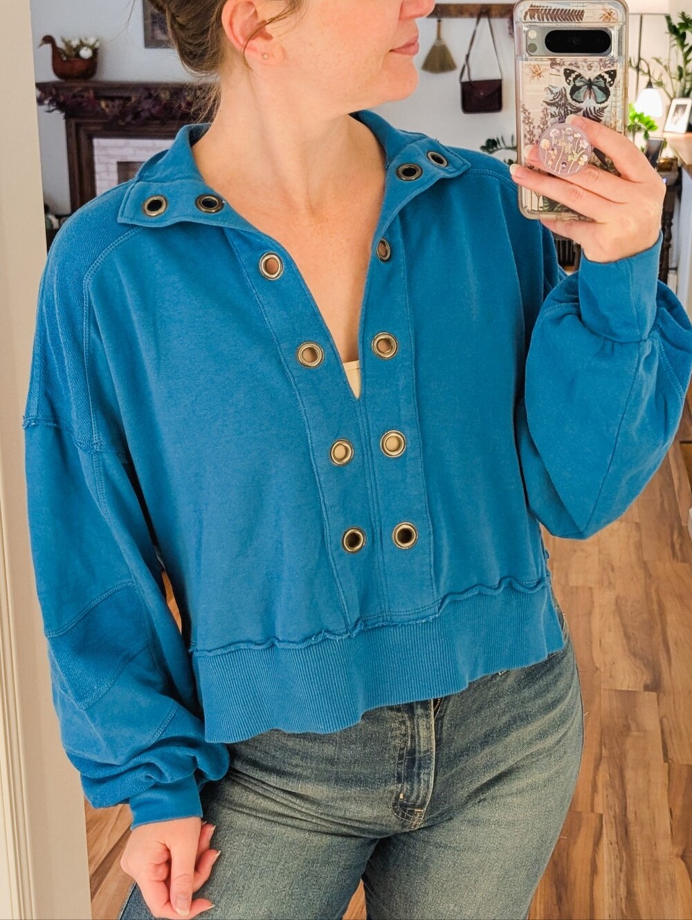 Anthropologie Pilco Blue Kamrie Pieced Grommet Popover Sweatshirt - Size Medium